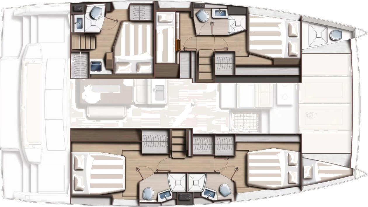 Deck plan of the Bali 4.6 five-cabin layout, bow to the right